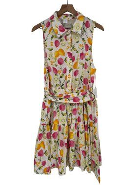Cynthia Rowley Women's Fruit Print Linen Blend Tiered Button Belted Dress 10